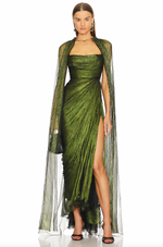 Load image into Gallery viewer, Introducing the Regina Gown - a luxurious masterpiece. Fully lined with a boned bodice, this chiffon gown features metallic threading, adding a touch of shimmer. The back tie and adjustable shoulder straps provide the perfect fit, while the hidden back zipper closure ensures a seamless look.
