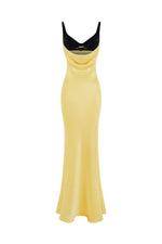 Load image into Gallery viewer, Upgrade your evening wear with Rasario&#39;s luxurious draped maxi dress. The silk velvet bodice showcases your décolletage and collarbone, while the crepe satin skirt accentuates your curves. Make an elegant statement with this refined piece, paired with heels and a chic clutch.
