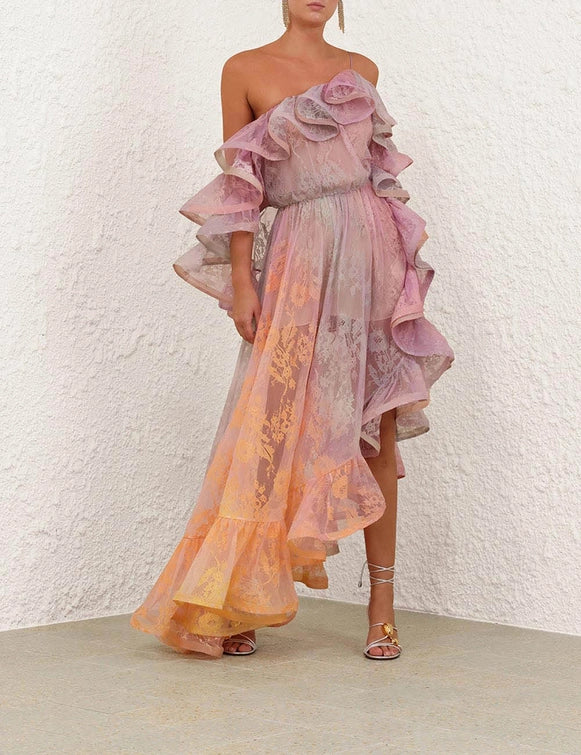 This Dawning Lace Midi Dress by Zimmermann features an elegant one-shoulder neckline with gathered ruffled shoulders and an elasticated finish for a comfortable, secure fit. The concealed side zip creates a seamless silhouette, while the tied waist bow accentuates your figure. Highlighted by a delicate placement print and a flowy hem, this dress effortlessly combines style and grace for any occasion.