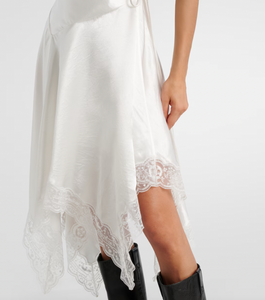 Embrace understated elegance with this satin minidress from Stockholm’s Acne Studios. Its smooth fabric skims the body while delicate lace trims add a feminine touch to the asymmetric hem, creating a modern yet romantic silhouette. Perfect for making a subtle statement, this dress effortlessly blends Scandinavian cool with alluring detail.