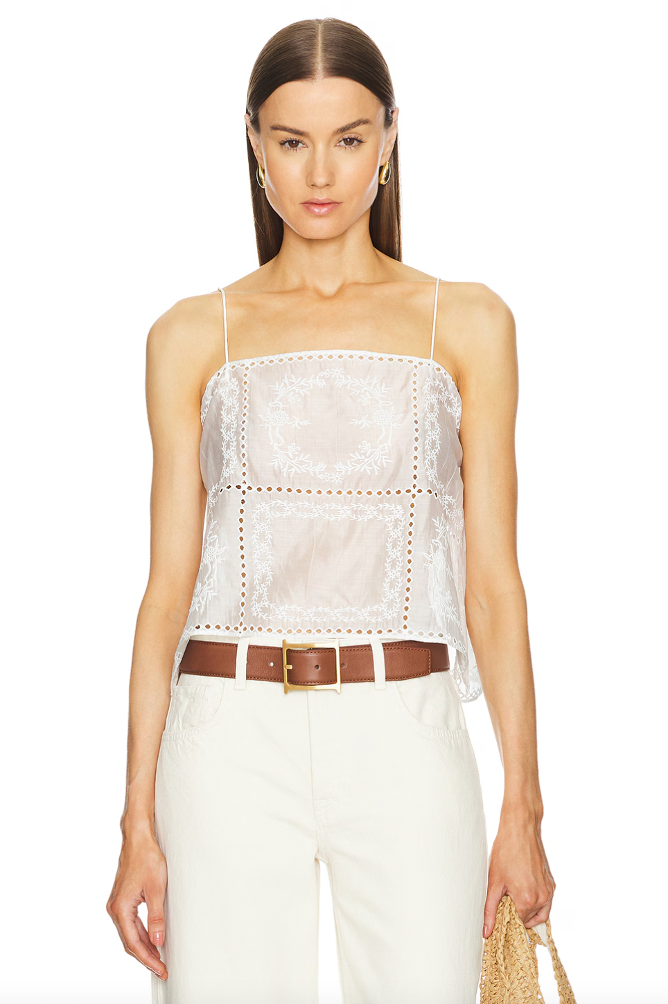 Stay cool and stylish with the Handkerchief Camisole by HELSA. Featuring shoulder strap tie closures and side slits, this cami is made of linen fabric with eyelets and embroidered florals. Its intentionally sheer design allows you to show off your favorite undergarments. Perfect for any occasion, this camisole is a must-have for your wardrobe.