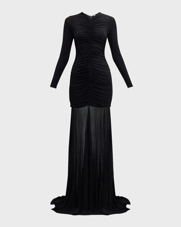 The Fawn Ruched Column Gown blends graceful elegance with exceptional comfort, featuring soft jersey fabric and a sheer skirt that flows beautifully. Its partially lined design and hidden back zipper ensure a flawless fit and easy dressing. Thoughtful ruching at the front and back enhances your silhouette, making it a perfect choice for any event where effortless style matters. Elevate your look with this sophisticated yet comfortable gown.