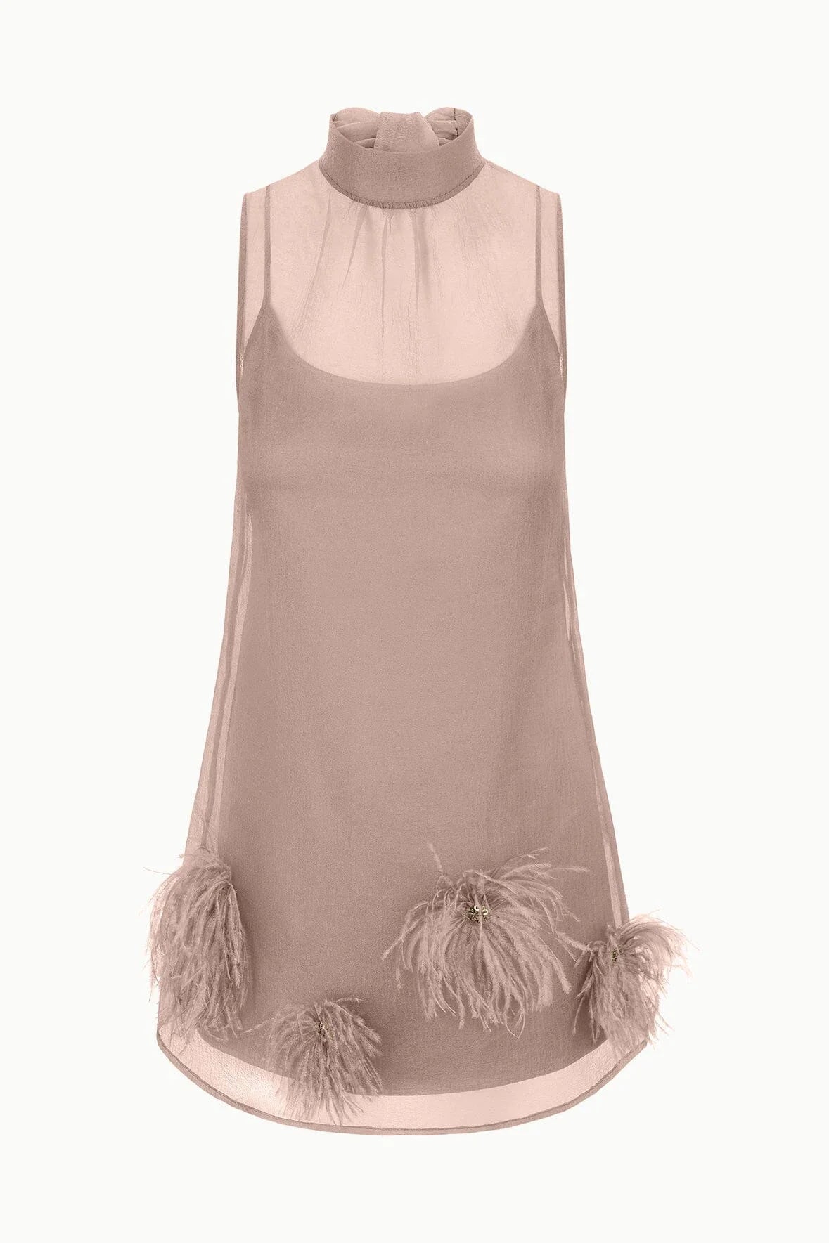 The STAUD Albee Mini Dress in Truffle is an effortlessly elegant piece that combines sophistication with modern style. This sleeveless organza dress features a refined high neckline and a functional tie closure at the back, creating a flattering silhouette with subtle movement. The sheer fabric is beautifully balanced by an interior slip, offering both transparency and coverage for versatile styling. Perfect for elevated occasions or layered looks, this mini dress brings understated luxury to your wardrobe.