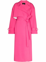 Load image into Gallery viewer, This pink ANOUKI oversized belted trench coat is designed with a wrap silhouette. Boasting a sparkling A logo to the buttoned cuff tab, it features large notched lapels, dropped shoulders, long sleeves, a back storm flap and centre vent, slip side pockets, belt loops and a self-fabric tie belt. Project Runway taught us how to &#39;make it work,&#39; now flaunt what ANOUKI made you and say Auf Wiedersehen to the other coat-estants.
