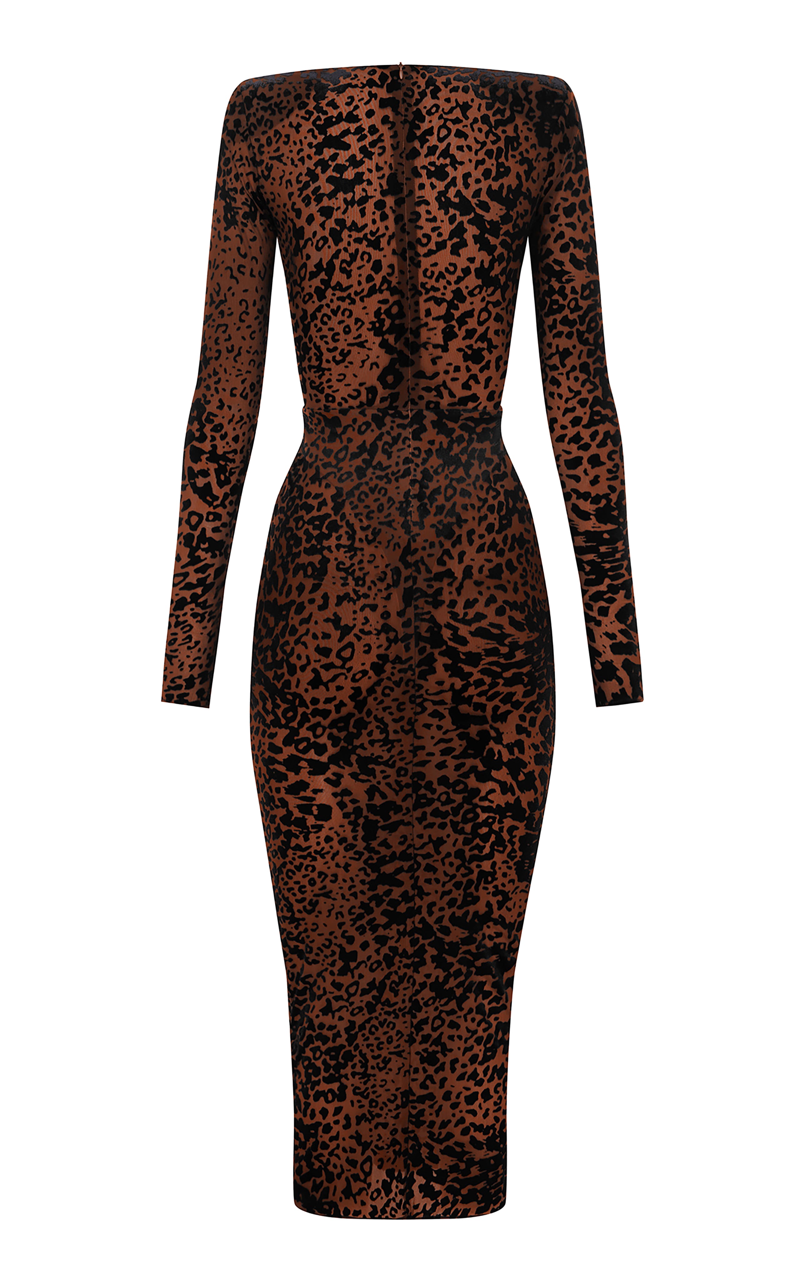 Indulge in the sultry allure of the Plunged Leopard Burnout Mesh Midi Dress by Alex Perry. Crafted from leopard-print burnout mesh, this bodycon silhouette features a deeply plunged neckline that will turn heads. Designed for the Fall/Winter '24 collection, this dress is both sexy and sophisticated. Concealed zip fastening along the back adds a touch of refinement. Made with stretch mesh in a designer color of tobacco, this dress is sure to make a statement at any event.