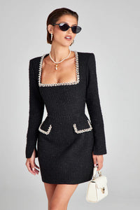 Enhance your confidence and elegance with the Natalie Mini Dress by Nadine Merabi. This stunning piece features a signature tulip style skirt and square neckline, adorned with chain pearl trim and luxurious velvet fabric. With full length sleeves and pearl trim pocket detailing, this mini dress exudes sophistication.