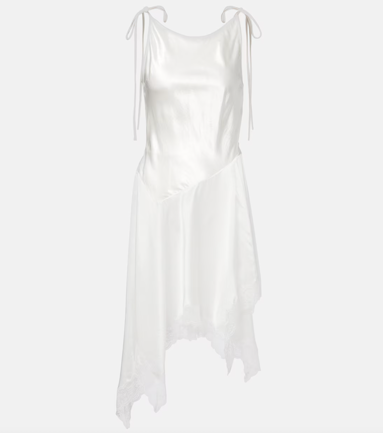 Embrace understated elegance with this satin minidress from Stockholm’s Acne Studios. Its smooth fabric skims the body while delicate lace trims add a feminine touch to the asymmetric hem, creating a modern yet romantic silhouette. Perfect for making a subtle statement, this dress effortlessly blends Scandinavian cool with alluring detail.