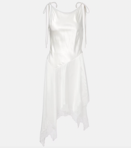 Embrace understated elegance with this satin minidress from Stockholm’s Acne Studios. Its smooth fabric skims the body while delicate lace trims add a feminine touch to the asymmetric hem, creating a modern yet romantic silhouette. Perfect for making a subtle statement, this dress effortlessly blends Scandinavian cool with alluring detail.