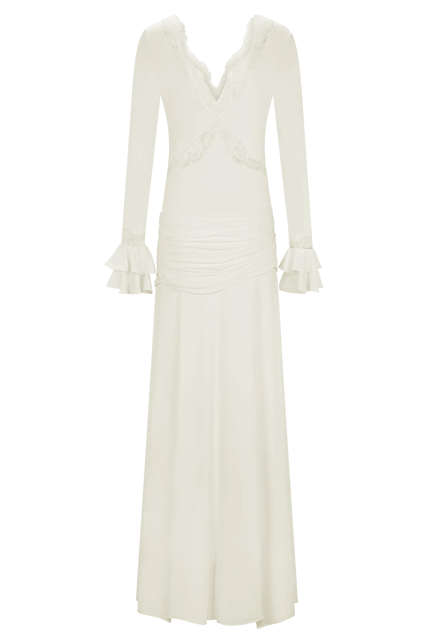 The Electra Maxi Dress combines elegant lace and a flattering fitted silhouette to create a captivating look. Its deep V lace neckline and delicate cut-outs add a touch of allure, while the cascading front-side tie drape enhances graceful movement. Flared layered sleeves bring a vintage charm, and the partial lining ensures comfort without compromising style. Perfect for making a memorable impression at any evening event, this dress shapes a sophisticated and sultry statement.