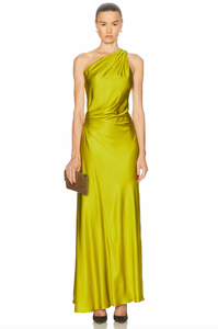 Elevate your evening look with the Aster Gown in Green Amber by A.L.C. Crafted from luxurious satin, this gown features elegant ruching that enhances its sophisticated appeal. The unlined design and hidden side zipper ensure a smooth, flattering fit, while the unique one-shoulder silhouette adds a striking, modern touch. Perfect for special occasions, this gown combines comfort and style effortlessly.