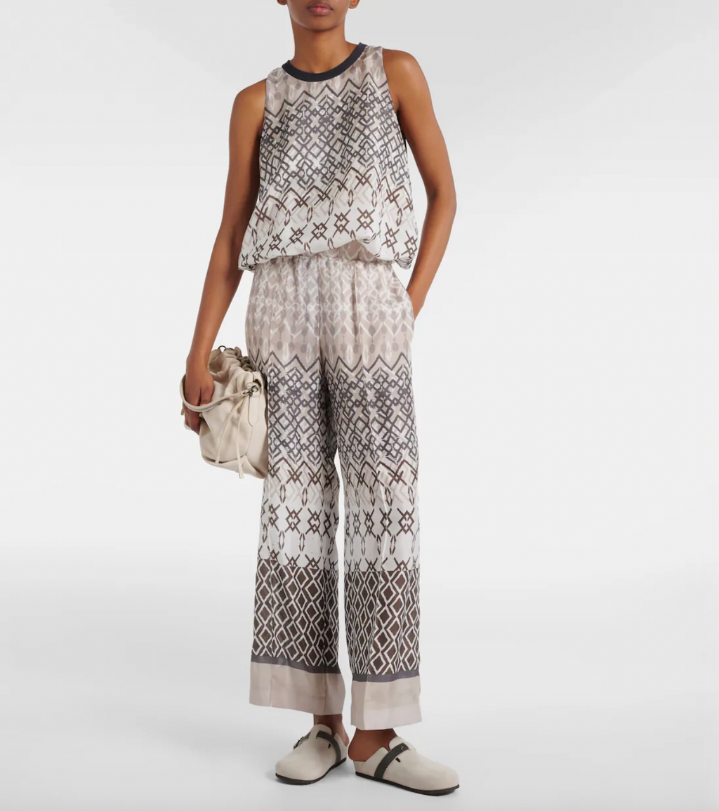 Introducing Brunello Cucinelli's wide-leg pants, made from luxurious pure silk-voile for maximum comfort. Featuring an elasticated waist and a stylish geometric print in versatile neutral tones, these pants are perfect for your vacation wardrobe. Enjoy a comfortable and chic look all vacation long.