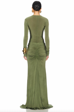 Load image into Gallery viewer, Upgrade your style game with the Natasha Maxi Dress by Helsa. This sexy dress features a deep V neck and alluring hollow-out long sleeves, perfectly balanced with a figure-hugging bodycon silhouette. The ruched detailing adds a touch of elegance to this vibrant green dress, perfect for any evening event.
