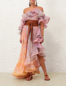 This Dawning Lace Midi Dress by Zimmermann features an elegant one-shoulder neckline with gathered ruffled shoulders and an elasticated finish for a comfortable, secure fit. The concealed side zip creates a seamless silhouette, while the tied waist bow accentuates your figure. Highlighted by a delicate placement print and a flowy hem, this dress effortlessly combines style and grace for any occasion.