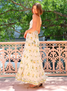 The Jacinta Maxi Dress in Multi showcases a sophisticated blend of French linen and mulberry silk, delivering both comfort and refined elegance. Its halter-neck design with a plunging V-neckline creates a graceful silhouette, flowing effortlessly for versatile wear from daytime outings to evening events. Functional side pockets add practical convenience without compromising style. This dress embodies a perfect balance of luxurious detail and relaxed sophistication.
