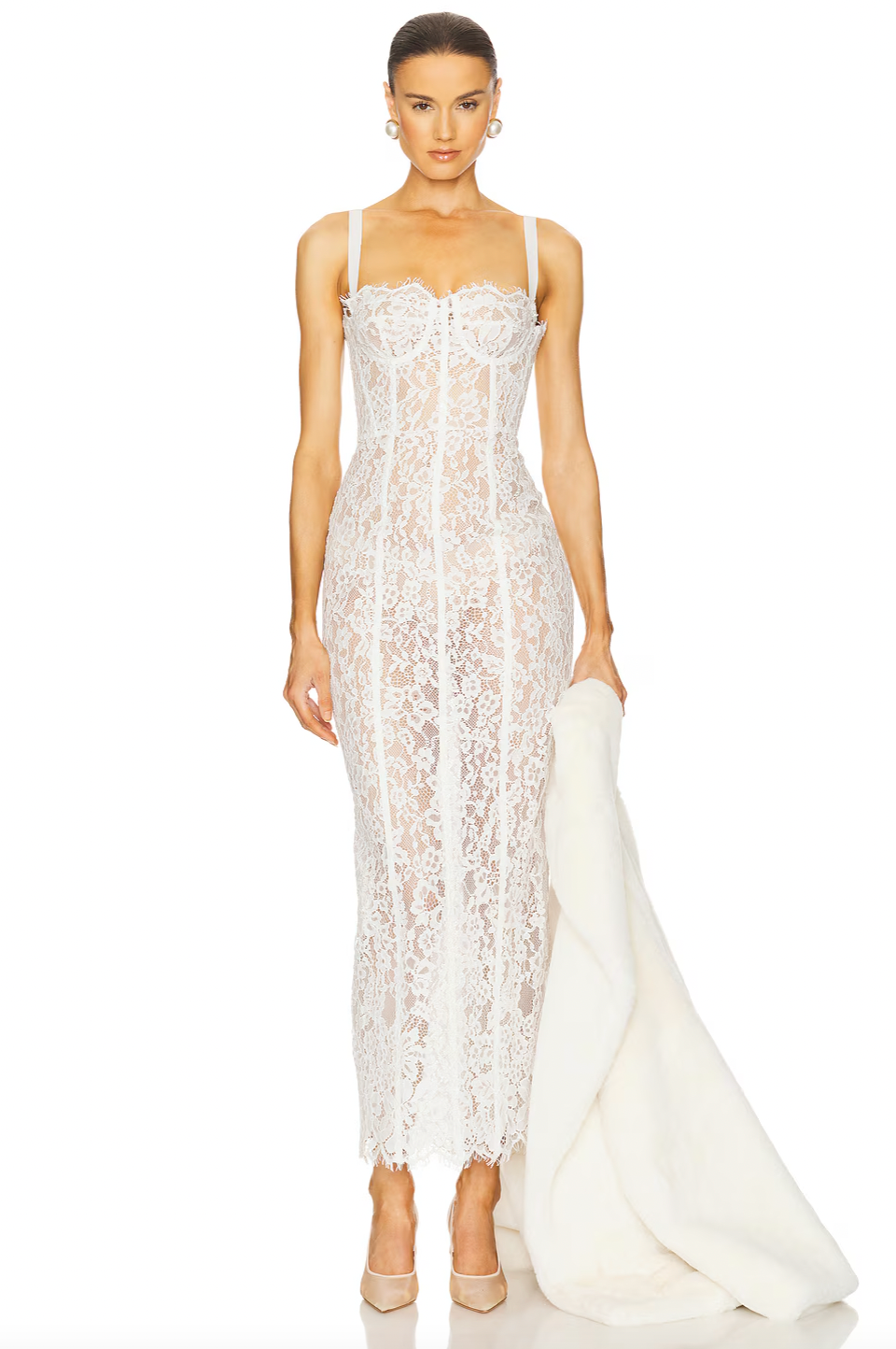 The Lace Column Dress by Helsa combines refined craftsmanship with daring elegance. Its delicate bustier and adjustable shoulder straps allow for a tailored fit, while the unlined, sheer fabric provides breathable comfort and a subtle reveal beneath. Featuring a hidden back zipper, this dress maintains a seamless silhouette, making it an ideal choice for sophisticated occasions where understated allure is key.