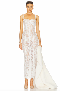 The Lace Column Dress by Helsa combines refined craftsmanship with daring elegance. Its delicate bustier and adjustable shoulder straps allow for a tailored fit, while the unlined, sheer fabric provides breathable comfort and a subtle reveal beneath. Featuring a hidden back zipper, this dress maintains a seamless silhouette, making it an ideal choice for sophisticated occasions where understated allure is key.