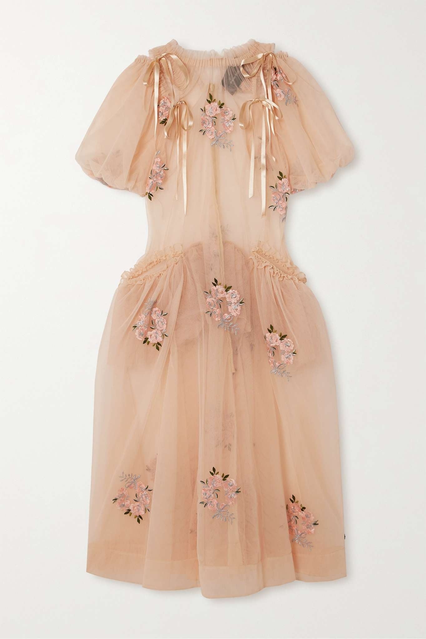 This floral-embroidered tulle midi dress by Simone Rocha embodies romance and elegance with its delicate sheer fabric and calf-length silhouette. Satin bows at the shoulders add a touch of refinement, while intricate floral embroidery, ruffled trims, and ruched details create a captivating, feminine look. Its flowing, loose skirt offers graceful movement, making it perfect for any special occasion where you want to stand out with timeless charm.