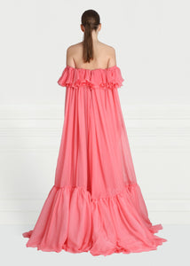 Get ready for a dreamy summer with this Off-shoulder Silk Georgette Gown from Giambattista Valli. Made with luxurious silk georgette, the fluid drape and flirty ruffle detail exude a romantic charm. Perfect for any special occasion, this exclusive gown will make you feel like a beautiful rosebud.