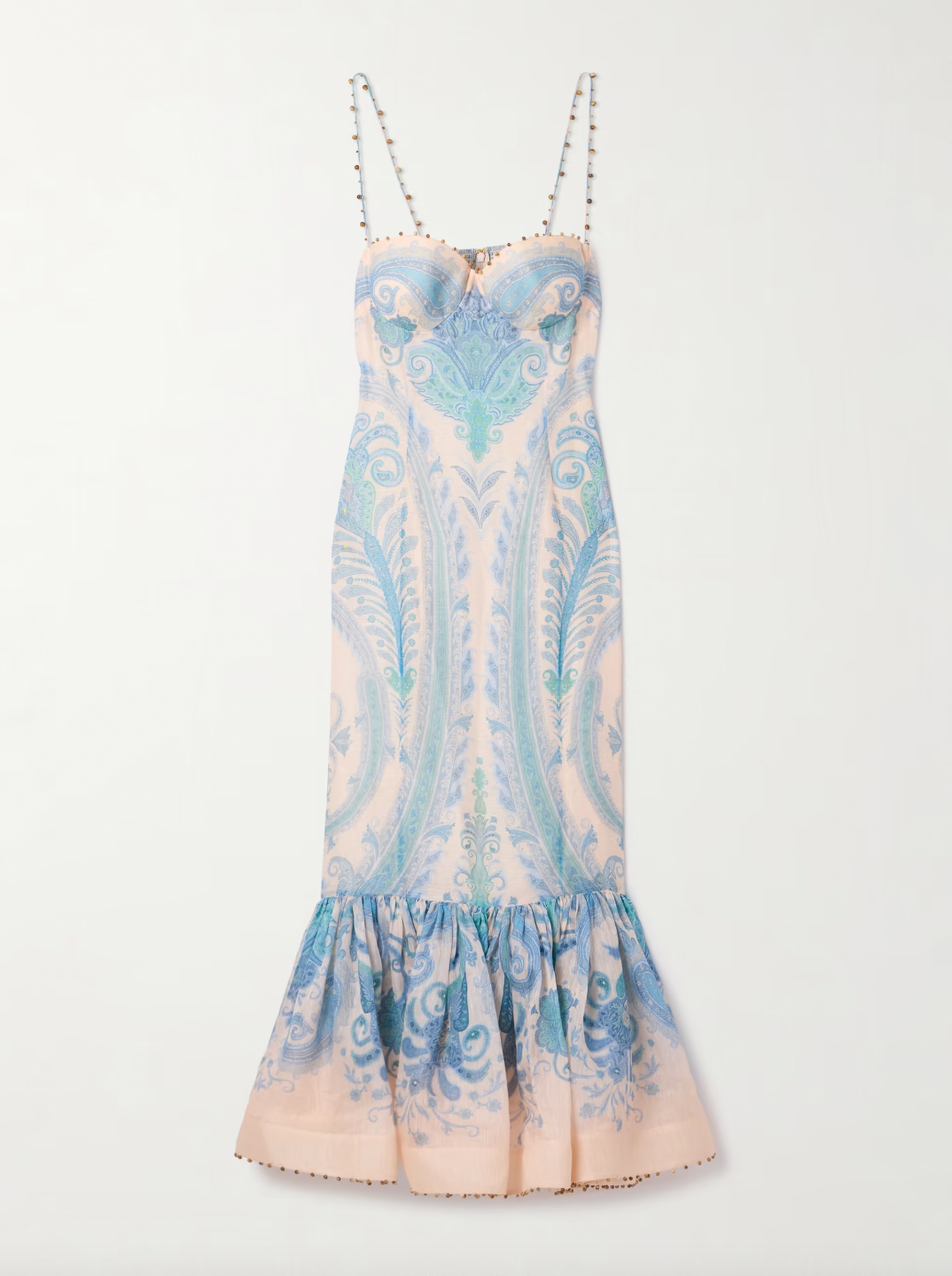 Elevate your elegance with Zimmermann's Illuminate gown, crafted from a luxurious linen and silk blend adorned with vibrant paisley swirls. This stunning dress features intricate bead embellishments along the sweetheart neckline, straps, and ruffled mermaid hem, adding a sparkling touch to your look. Designed with padded, underwired cups, it offers gentle support while enhancing your silhouette. 