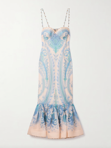 Elevate your elegance with Zimmermann's Illuminate gown, crafted from a luxurious linen and silk blend adorned with vibrant paisley swirls. This stunning dress features intricate bead embellishments along the sweetheart neckline, straps, and ruffled mermaid hem, adding a sparkling touch to your look. Designed with padded, underwired cups, it offers gentle support while enhancing your silhouette. 