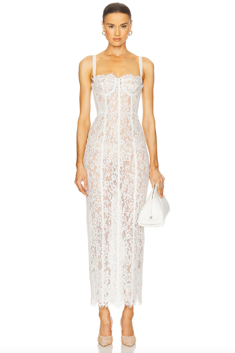 The Lace Column Dress by Helsa combines refined craftsmanship with daring elegance. Its delicate bustier and adjustable shoulder straps allow for a tailored fit, while the unlined, sheer fabric provides breathable comfort and a subtle reveal beneath. Featuring a hidden back zipper, this dress maintains a seamless silhouette, making it an ideal choice for sophisticated occasions where understated allure is key.