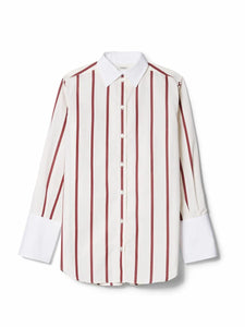 Unleash your business savvy with the 'Sassa' stripe shirt from Toteme. This stylish piece features bold burgundy stripes on a crisp white base, with a classic button-through design and oversized fit. Complete with a subtle monogram on the collar and a curved split hem, this shirt is the perfect balance of sophistication and playfulness. Get ready to make a statement in this must-have piece!