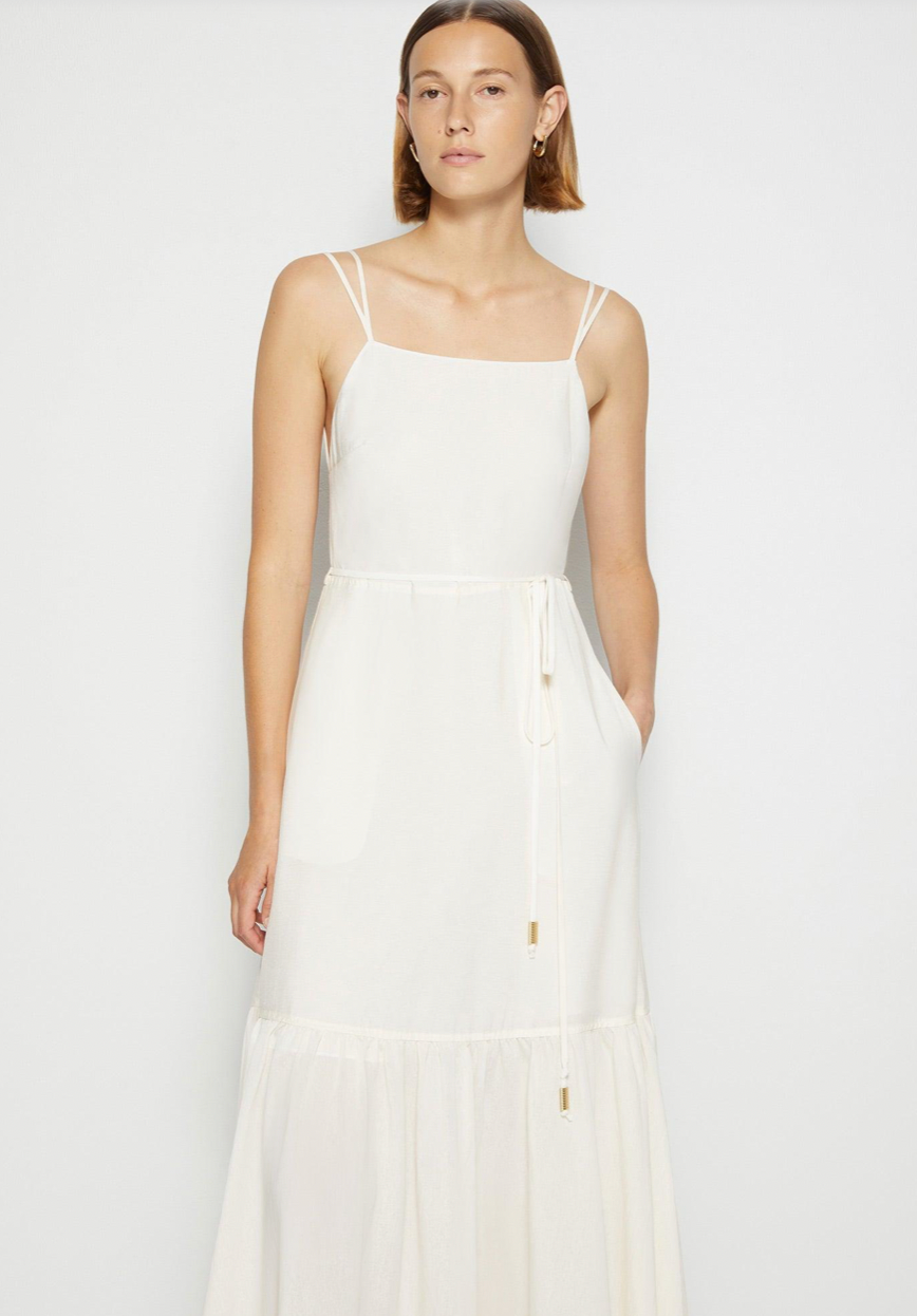 Introducing the Dress Kavita! This elegant coverup dress in ivory is the perfect addition to your swimwear collection. Featuring a full length skirt, open back, and side pockets for convenience. The slinky straps add a touch of allure to this polished design. Dive in with style and comfort.
