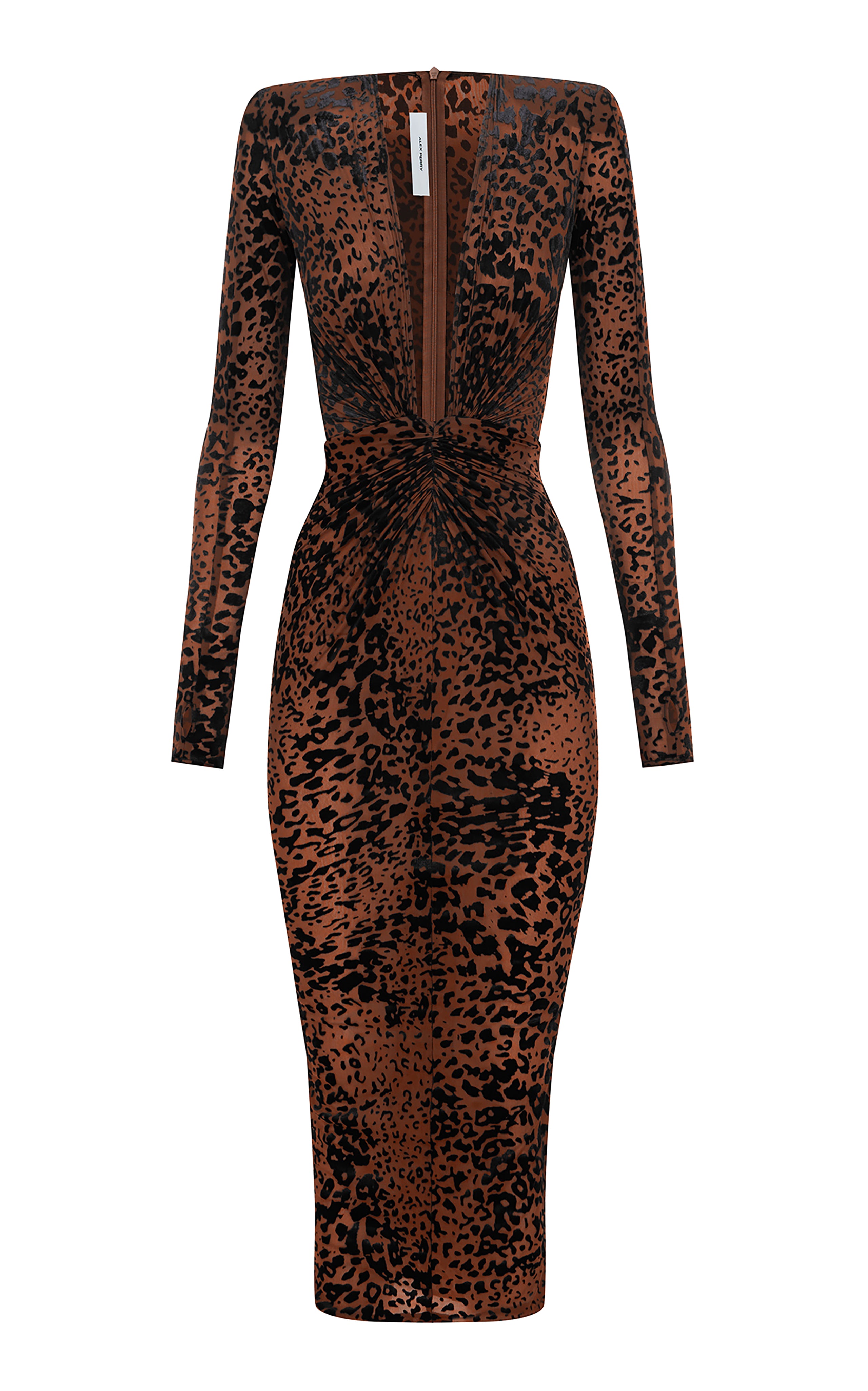 Indulge in the sultry allure of the Plunged Leopard Burnout Mesh Midi Dress by Alex Perry. Crafted from leopard-print burnout mesh, this bodycon silhouette features a deeply plunged neckline that will turn heads. Designed for the Fall/Winter '24 collection, this dress is both sexy and sophisticated. Concealed zip fastening along the back adds a touch of refinement. Made with stretch mesh in a designer color of tobacco, this dress is sure to make a statement at any event.