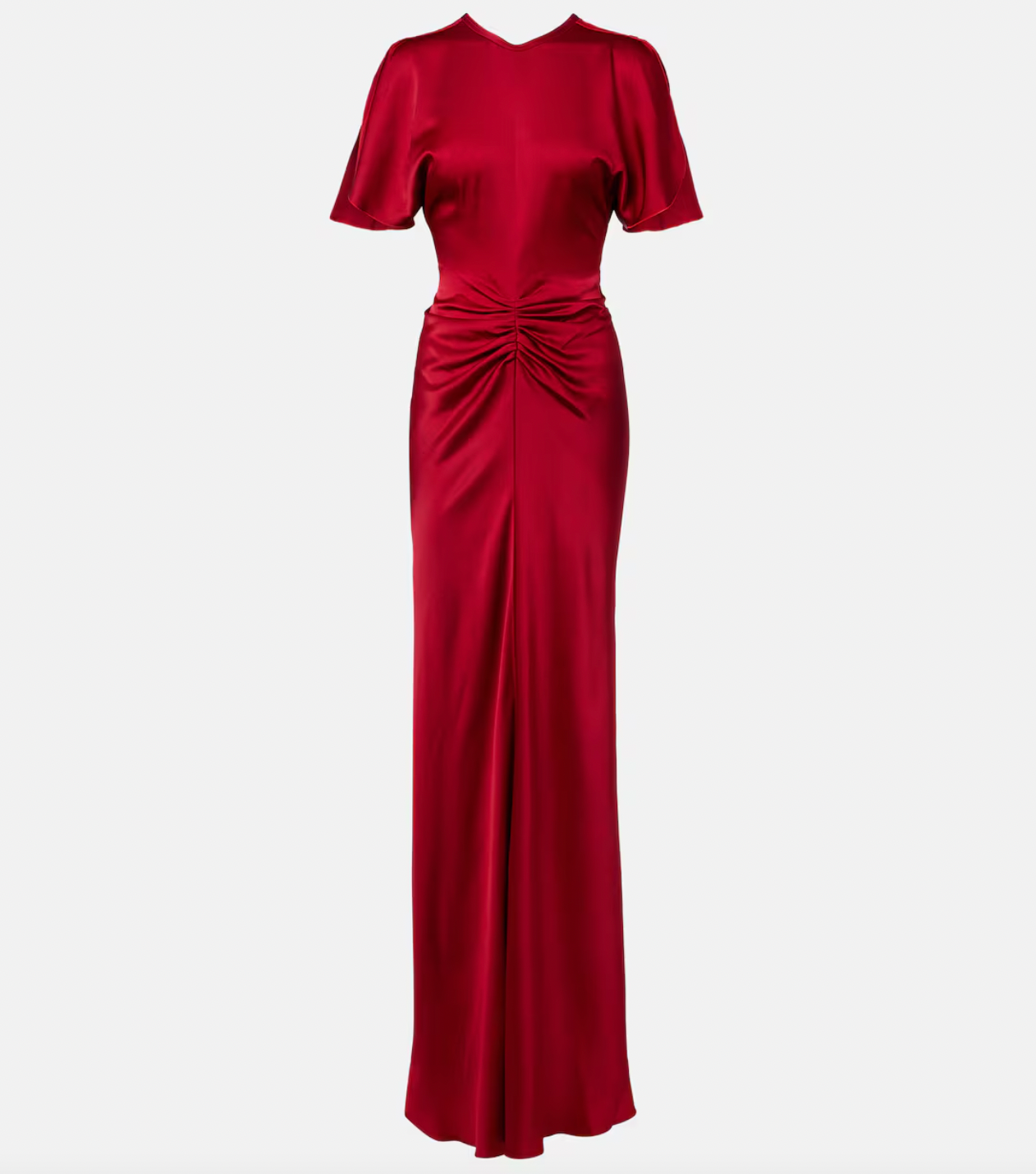 Stunning in vibrant red crêpe satin, this Victoria Beckham gown masterfully balances elegance with edge. Dramatic cape shoulders provide modest coverage while the daring open back commands attention—a sophisticated contrast that turns heads. Expertly gathered detailing sculpts a flattering hourglass silhouette, making this the perfect statement piece for unforgettable evenings. Timeless design meets modern allure.