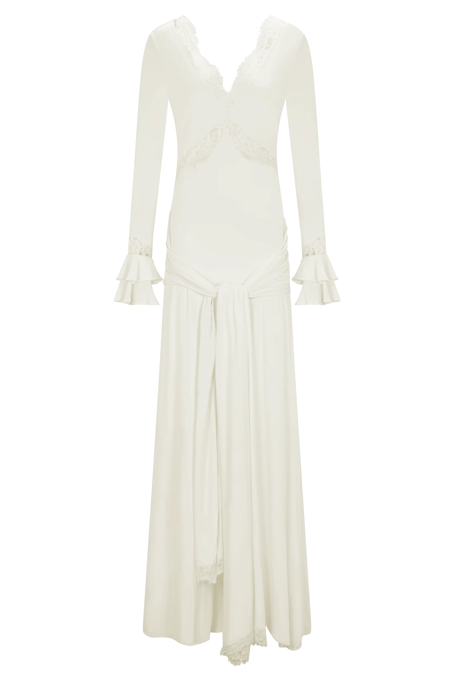 The Electra Maxi Dress combines elegant lace and a flattering fitted silhouette to create a captivating look. Its deep V lace neckline and delicate cut-outs add a touch of allure, while the cascading front-side tie drape enhances graceful movement. Flared layered sleeves bring a vintage charm, and the partial lining ensures comfort without compromising style. Perfect for making a memorable impression at any evening event, this dress shapes a sophisticated and sultry statement.