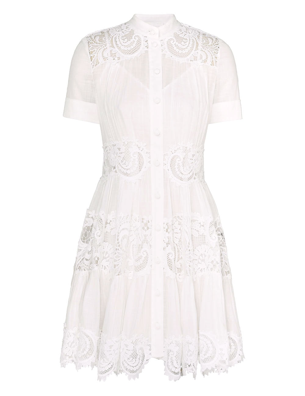 This cotton mini dress features short sleeves and a front center placket for a polished look. Its delicate scalloped hemline and intricate placement trim add refined detailing, while the included separate slip ensures comfortable coverage and smooth layering. Ideal for warm weather, this dress combines breathable fabric with elegant design elements.