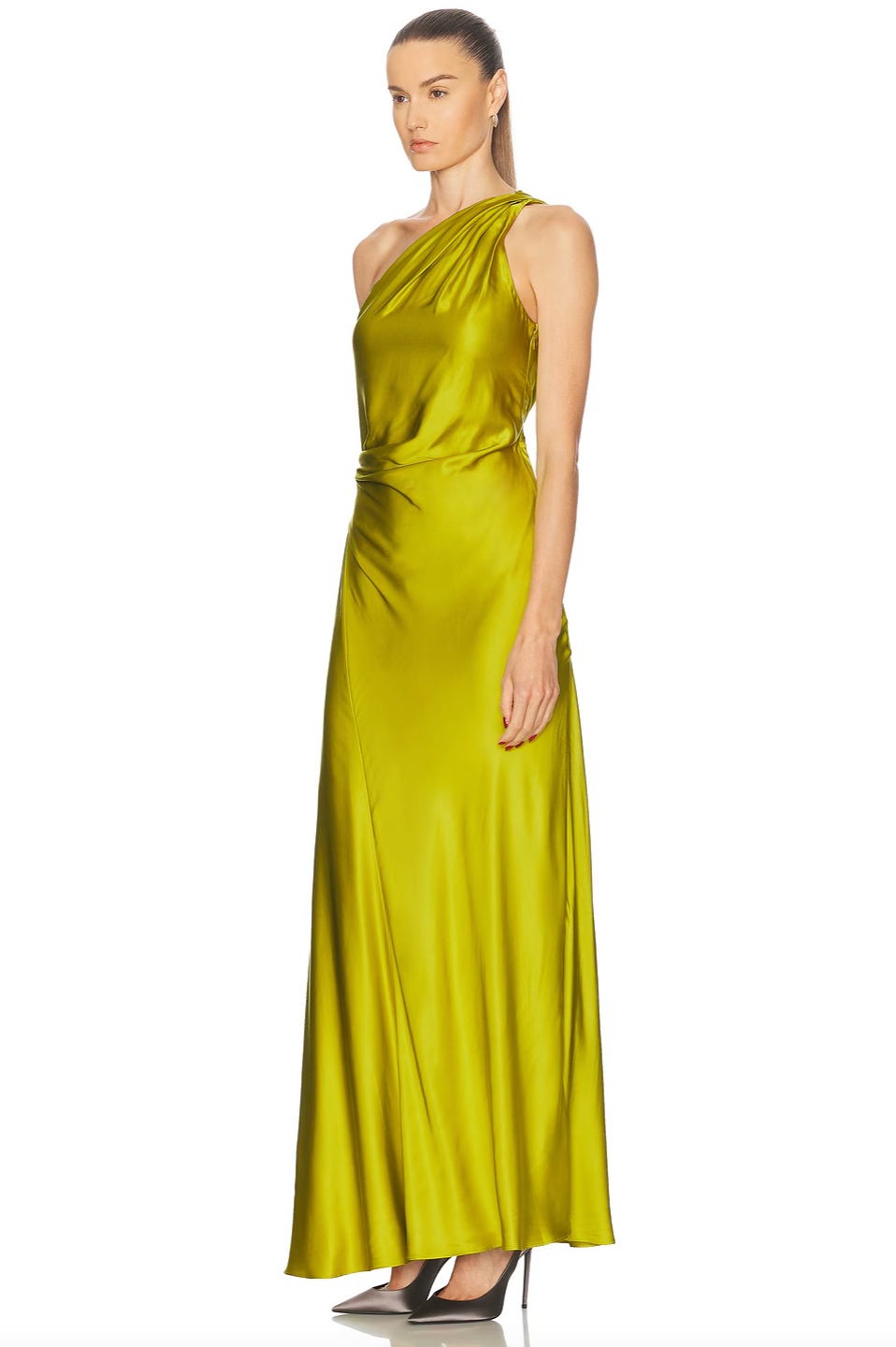 Elevate your evening look with the Aster Gown in Green Amber by A.L.C. Crafted from luxurious satin, this gown features elegant ruching that enhances its sophisticated appeal. The unlined design and hidden side zipper ensure a smooth, flattering fit, while the unique one-shoulder silhouette adds a striking, modern touch. Perfect for special occasions, this gown combines comfort and style effortlessly.