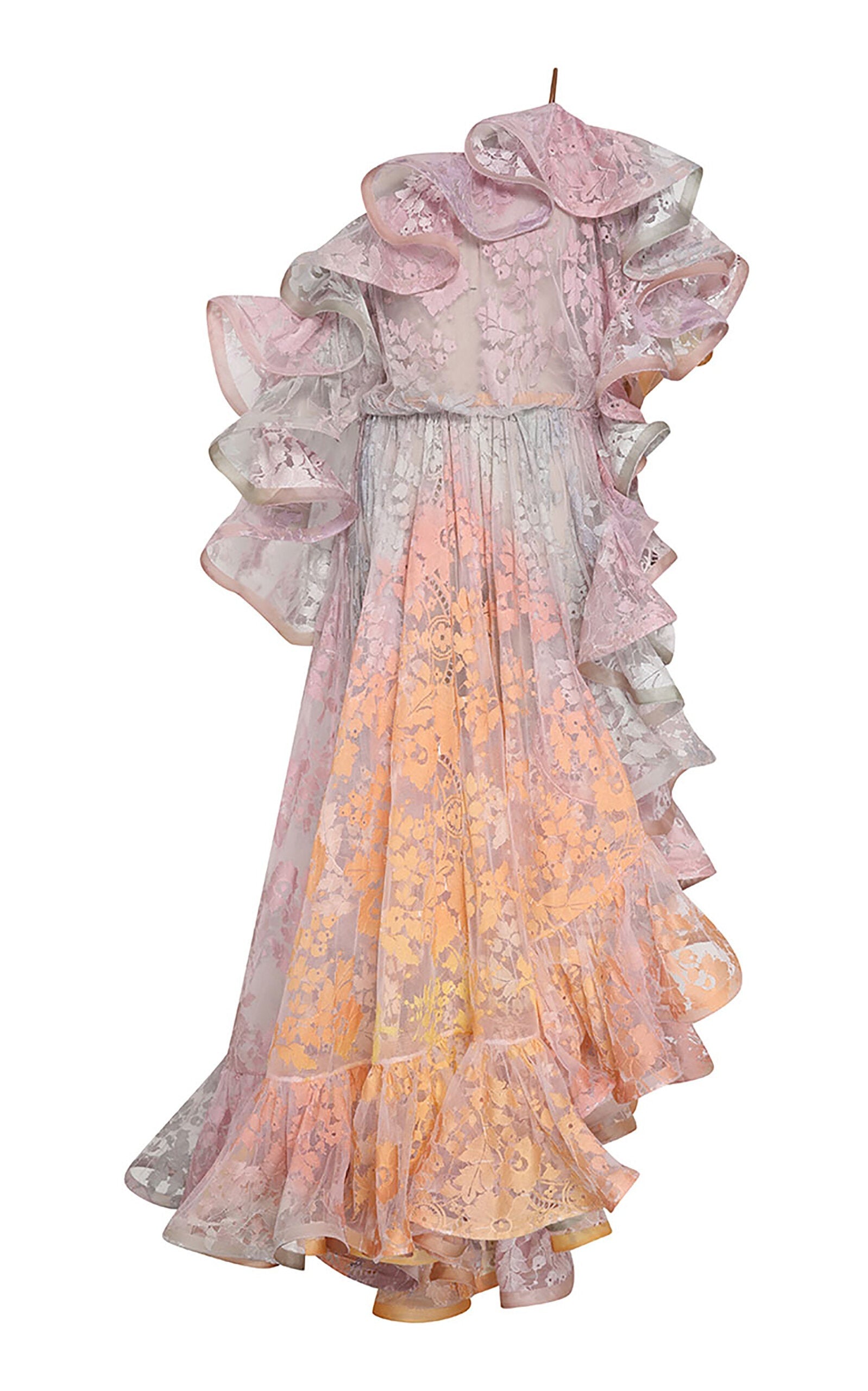 This Dawning Lace Midi Dress by Zimmermann features an elegant one-shoulder neckline with gathered ruffled shoulders and an elasticated finish for a comfortable, secure fit. The concealed side zip creates a seamless silhouette, while the tied waist bow accentuates your figure. Highlighted by a delicate placement print and a flowy hem, this dress effortlessly combines style and grace for any occasion.