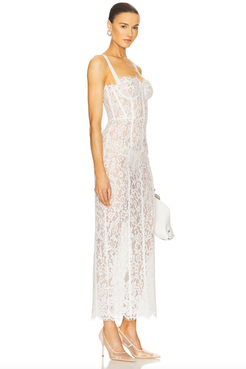 The Lace Column Dress by Helsa combines refined craftsmanship with daring elegance. Its delicate bustier and adjustable shoulder straps allow for a tailored fit, while the unlined, sheer fabric provides breathable comfort and a subtle reveal beneath. Featuring a hidden back zipper, this dress maintains a seamless silhouette, making it an ideal choice for sophisticated occasions where understated allure is key.