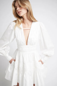This Fallingwater Gathered Mini Dress by Aje showcases a deep V-neckline highlighted with delicate self-bind threading and elegant ruching panels that sculpt the silhouette. The gathered waist enhances shape, while side seam pockets add functional detail. Blouson sleeves gathered into wide cuffs offer a refined yet comfortable fit. Fully lined and featuring an invisible center back zipper, this dress provides both sophistication and ease, making it an impeccable choice for refined occasions.