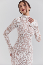 Load image into Gallery viewer, Get ready to turn heads with the Sophia Midi Dress. This dress combines modern flair and romantic elegance. Its body-hugging silhouette, high neck, and long sleeves beautifully highlight your shape while keeping it sophisticated. The ivory lace adds a touch of texture, and the fluted hem and cuffs add a playful twist to this timeless design.
