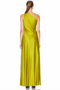 Elevate your evening look with the Aster Gown in Green Amber by A.L.C. Crafted from luxurious satin, this gown features elegant ruching that enhances its sophisticated appeal. The unlined design and hidden side zipper ensure a smooth, flattering fit, while the unique one-shoulder silhouette adds a striking, modern touch. Perfect for special occasions, this gown combines comfort and style effortlessly.