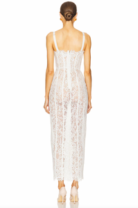 The Lace Column Dress by Helsa combines refined craftsmanship with daring elegance. Its delicate bustier and adjustable shoulder straps allow for a tailored fit, while the unlined, sheer fabric provides breathable comfort and a subtle reveal beneath. Featuring a hidden back zipper, this dress maintains a seamless silhouette, making it an ideal choice for sophisticated occasions where understated allure is key.