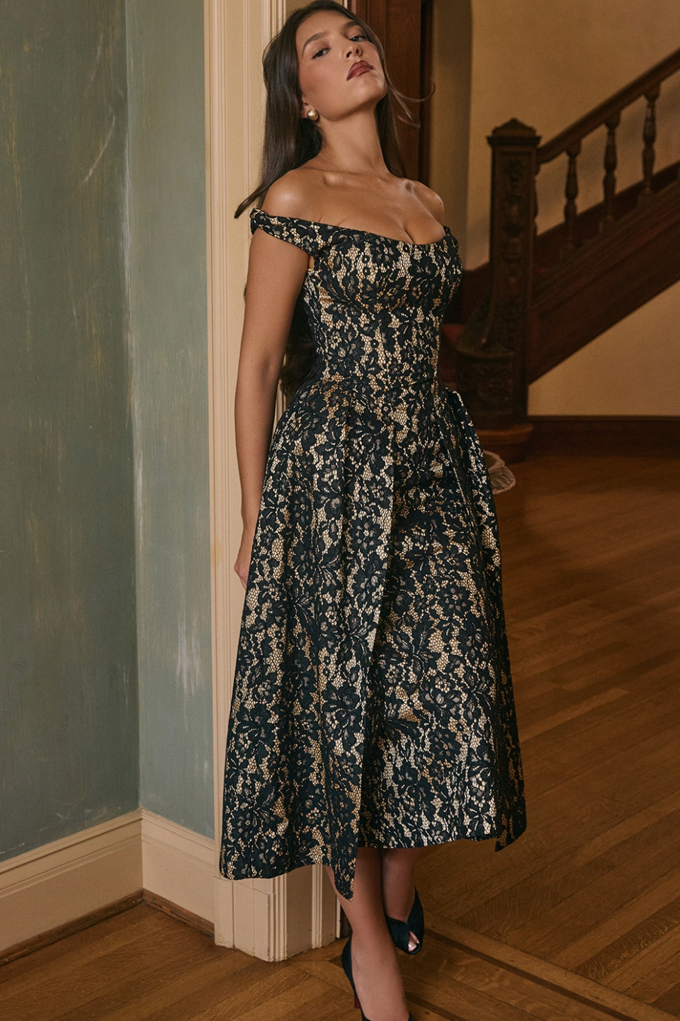 Black Gold Lace Midi Gown Petite Chrie Black Gold Lace Midi Gown Petite Chrie