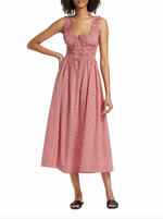 Load image into Gallery viewer, Elevate your wardrobe with DOEN&#39;s Emmaretta Shirred Gingham Midi Dress. Made from luxurious organic cotton-voile, it boasts vibrant gingham checks and a shirred bodice with slim, adjustable ties for a flattering fit. Complete with playful ruffled straps and a floaty skirt, this dress is the perfect blend of femininity and elegance.
