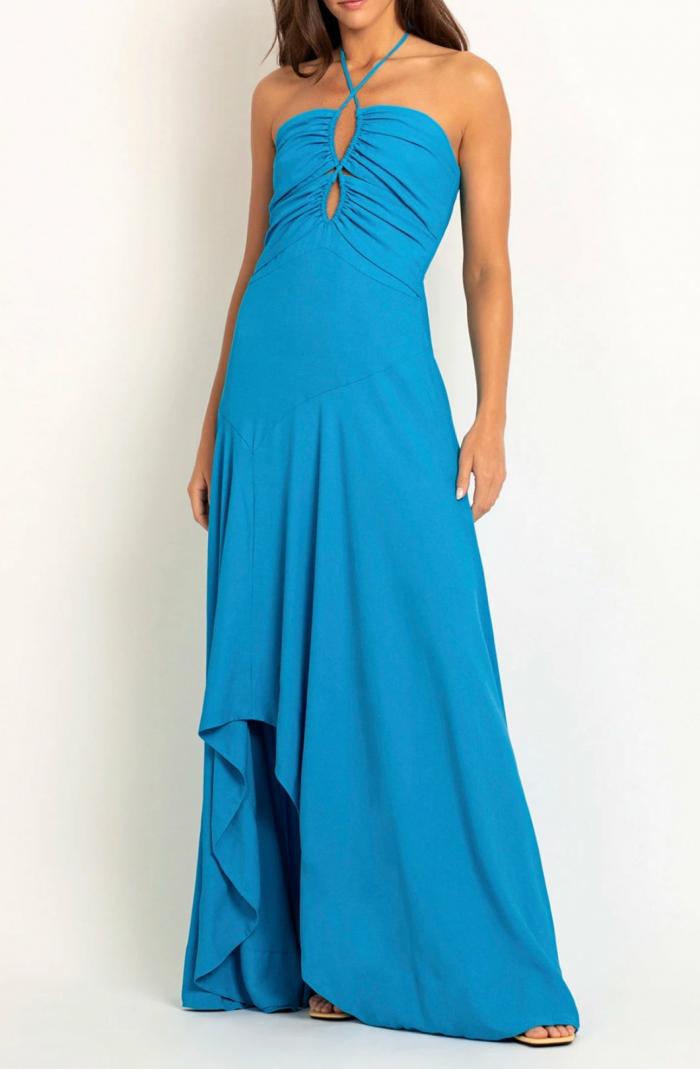 Introducing the Robe Maddie - the perfect addition to your wardrobe. This long lace-up maxi dress in bright turquoise from Womens Patbo is sure to turn heads. Embrace effortless style and be the star of the show at your next event.