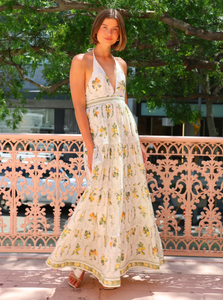 The Jacinta Maxi Dress in Multi showcases a sophisticated blend of French linen and mulberry silk, delivering both comfort and refined elegance. Its halter-neck design with a plunging V-neckline creates a graceful silhouette, flowing effortlessly for versatile wear from daytime outings to evening events. Functional side pockets add practical convenience without compromising style. This dress embodies a perfect balance of luxurious detail and relaxed sophistication.