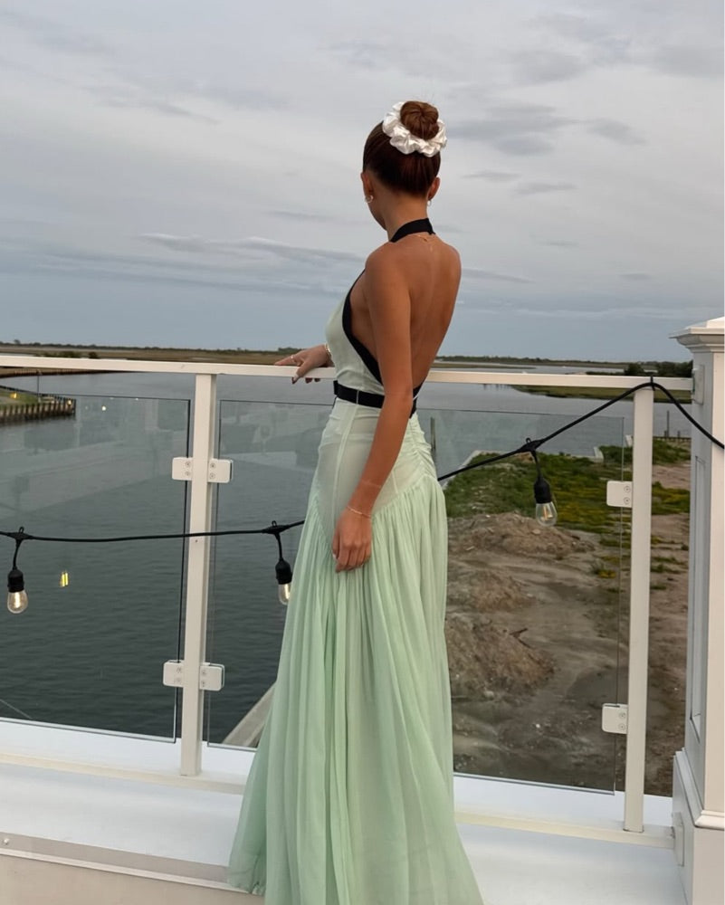 The Siren Dress in Mint by Helsa is engineered for those who embrace bold fashion statements. This sleeveless bodycon maxi features a striking plunging V-neckline and open back that exude confidence and allure. Contrast mesh patchwork adds contemporary visual interest, while pleated skirt detailing creates graceful movement. The secure halter construction delivers support without compromising the dress's daring aesthetic. 