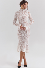 Load image into Gallery viewer, Get ready to turn heads with the Sophia Midi Dress. This dress combines modern flair and romantic elegance. Its body-hugging silhouette, high neck, and long sleeves beautifully highlight your shape while keeping it sophisticated. The ivory lace adds a touch of texture, and the fluted hem and cuffs add a playful twist to this timeless design.
