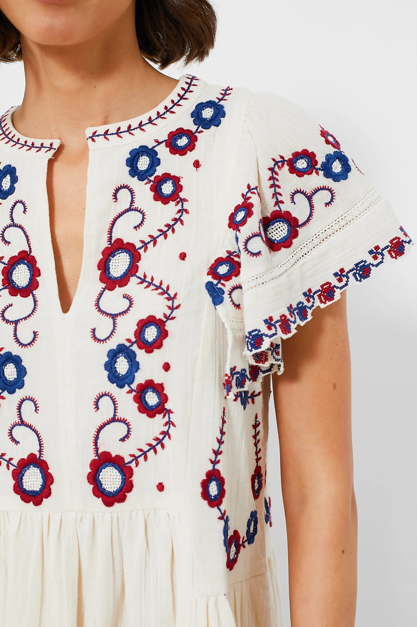 The Soren Embroidery Short Sleeve Dress by Sea New York features a split V-neckline and delicate embroidered detailing, combining elegance with effortless wearability. Its short flutter sleeves and gathered skirt create an A-line silhouette that offers a relaxed yet refined fit, ideal for versatile styling. In a cream multi palette, this mini dress balances romantic charm with modern ease, making it perfect for both casual days and more polished occasions. 