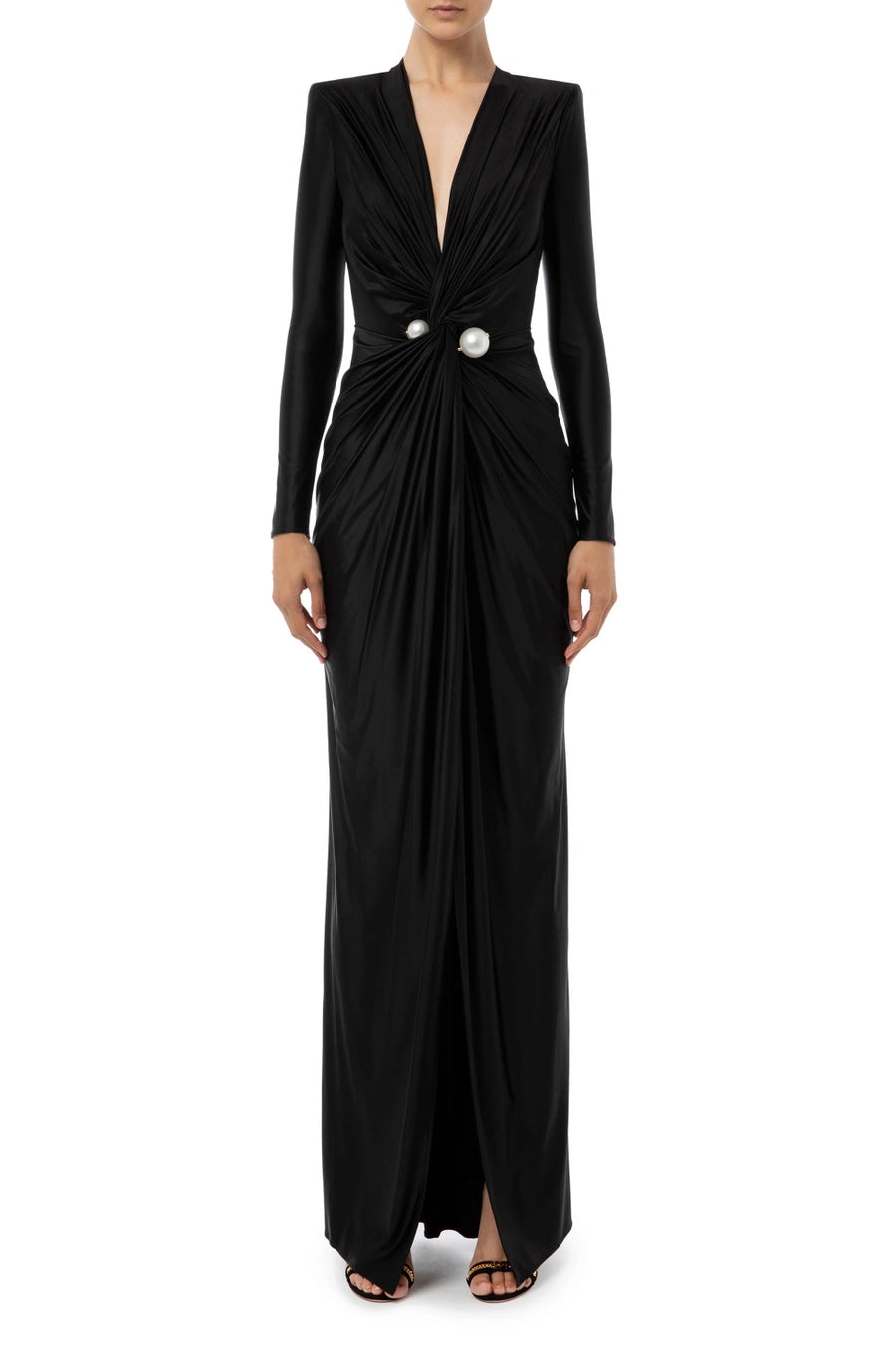 Step out in style with the Robe Elisa. This elegant deep V-neck maxi dress is perfect for any party or club setting. With long sleeves and a sultry thigh-high split, you'll be sure to turn heads. The ruched detailing adds a touch of fashion to this sexy and sophisticated gown. Elevate your wardrobe with this must-have outfit for women.