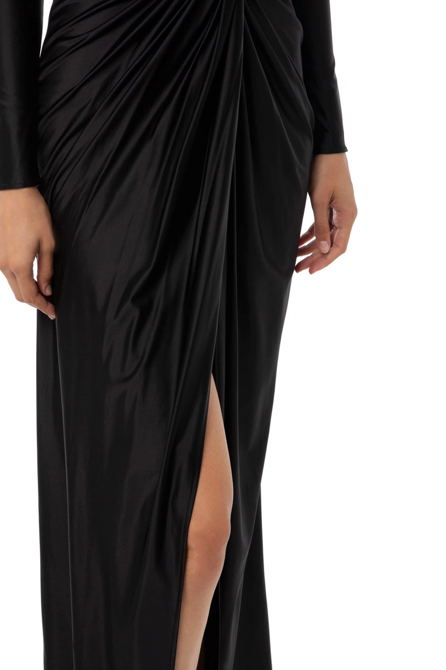 Step out in style with the Robe Elisa. This elegant deep V-neck maxi dress is perfect for any party or club setting. With long sleeves and a sultry thigh-high split, you'll be sure to turn heads. The ruched detailing adds a touch of fashion to this sexy and sophisticated gown. Elevate your wardrobe with this must-have outfit for women.