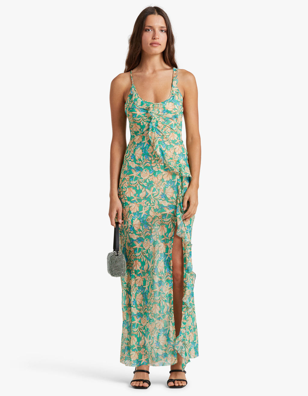 The Oasis Frill Maxi Dress is an effortless feminine style - cut on the bias from a printed silk base, this event ready number features a v-neckline, asymmetrical shoulder strap with baby-locked frill detailing throughout the body portion of the dress. Complete with a mid thigh split and a low back with cross over straps, your next celebration look is sorted.&nbsp;