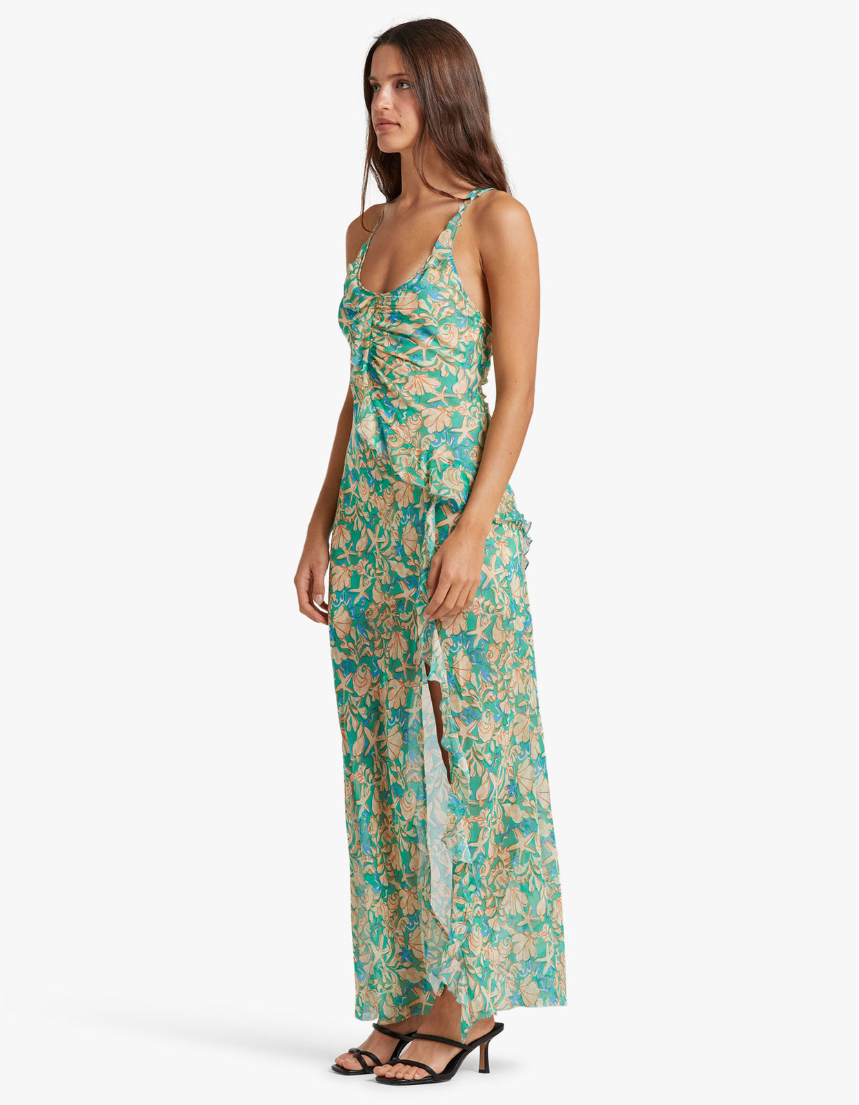 The Oasis Frill Maxi Dress is an effortless feminine style - cut on the bias from a printed silk base, this event ready number features a v-neckline, asymmetrical shoulder strap with baby-locked frill detailing throughout the body portion of the dress. Complete with a mid thigh split and a low back with cross over straps, your next celebration look is sorted.&nbsp;