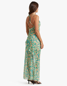 The Oasis Frill Maxi Dress is an effortless feminine style - cut on the bias from a printed silk base, this event ready number features a v-neckline, asymmetrical shoulder strap with baby-locked frill detailing throughout the body portion of the dress. Complete with a mid thigh split and a low back with cross over straps, your next celebration look is sorted.&nbsp;